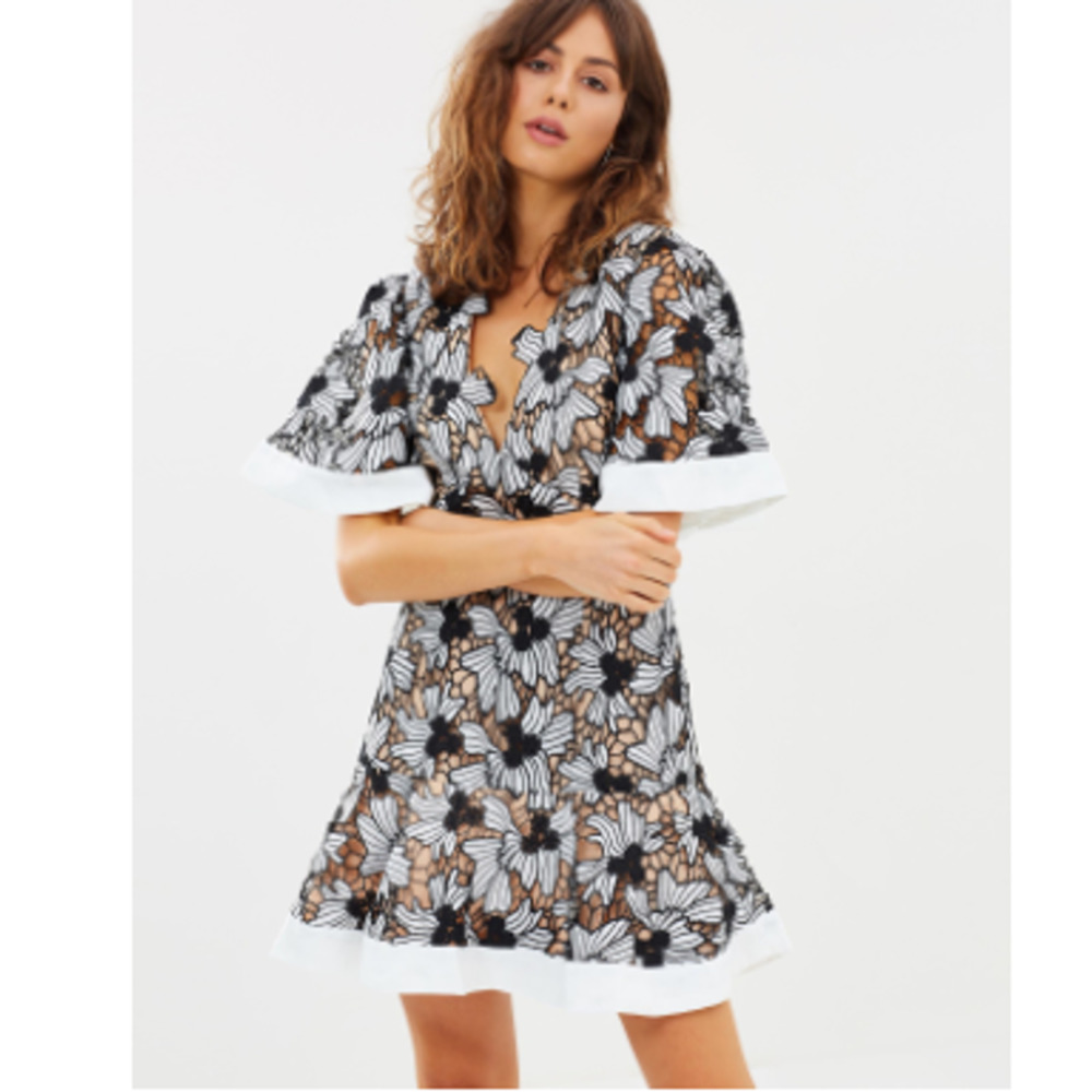 KEEPSAKE the Label Black and White Floral Lace Mini Dress